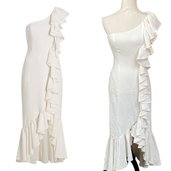Cinq à Sept Jovette Ivory One-Shoulder Ruffle Gown Size 2 Formal Evening - Picture 3 of 16